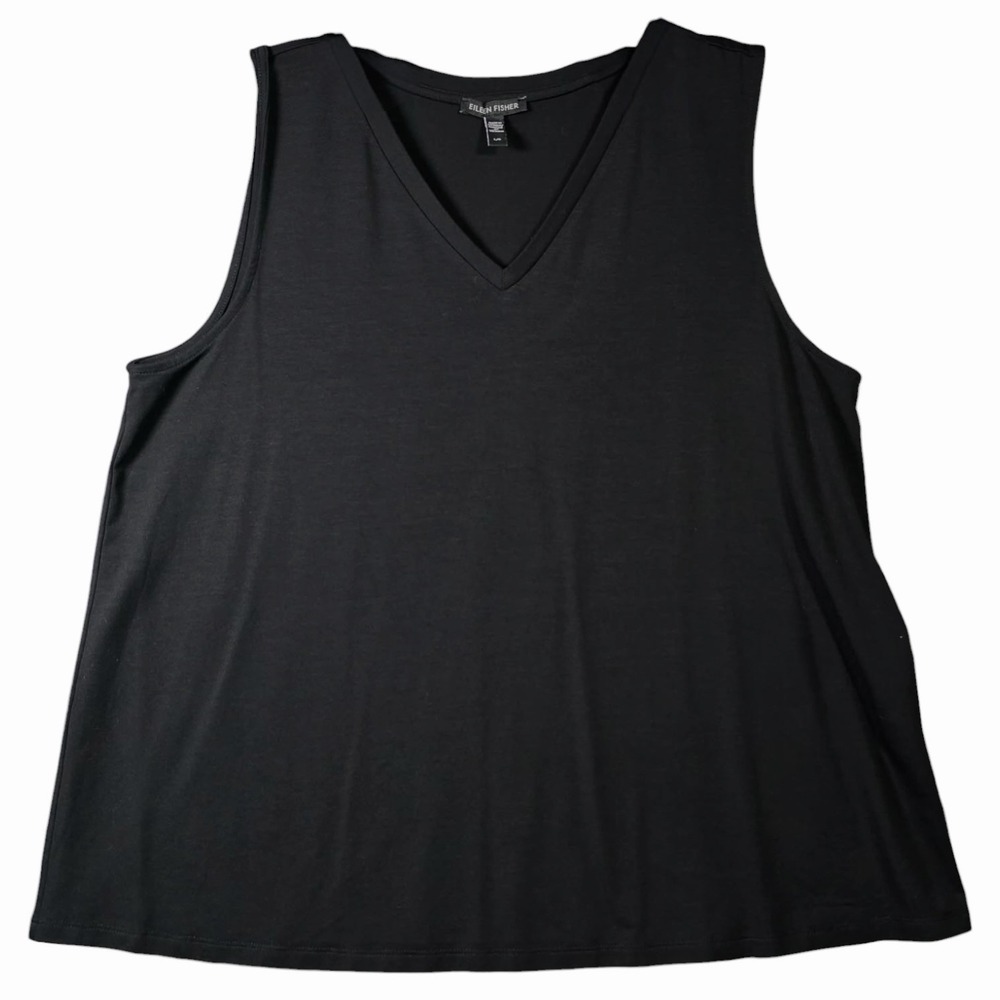 Eileen Fisher Black V Neck Sleeveless Tunic Top Womens Large Lagenlook Soft - Picture 2 of 7